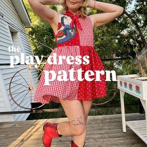 May include: A woman wearing a red and white gingham dress with a patchwork design. The dress has a ruffled skirt and a bow at the neck. The text "the playdress pattern" is superimposed on the image.