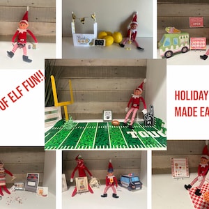 May include: A collection of seven scenes featuring a posable elf doll in a red and white outfit, engaging in various activities with miniature props including a football field, lemonade stand, ice cream truck, kitchen set, and police car.