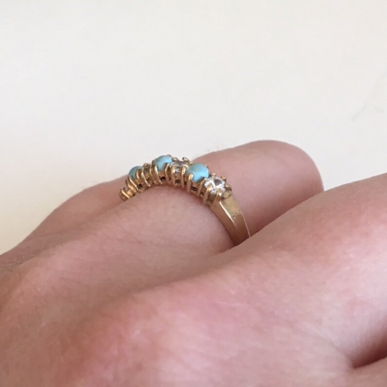 Vintage Seven Stone Filigree Ring English 9kt Yellow Gold Turquoise Paste Diamond Ladies Estate Wedding Gift Love Promise Engagement
