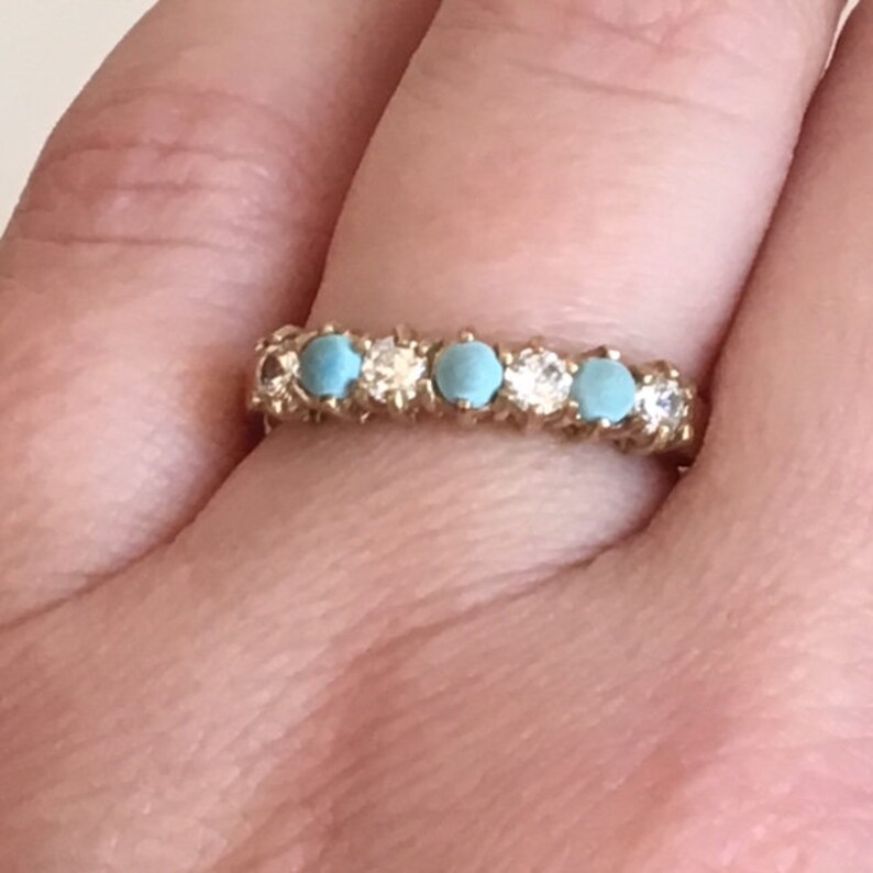 Vintage Seven Stone Filigree Ring English 9kt Yellow Gold Turquoise Paste Diamond Ladies Estate Wedding Gift Love Promise Engagement