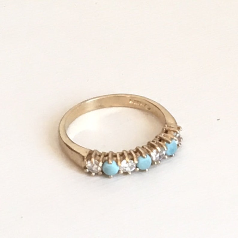 Vintage Seven Stone Filigree Ring English 9kt Yellow Gold Turquoise Paste Diamond Ladies Estate Wedding Gift Love Promise Engagement