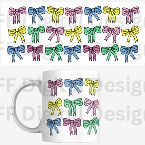 Cute Spring bows design mug wrap, digital download bold bows for 11oz white mug, print at home sub mug wrap, bright bows, cute and colourful