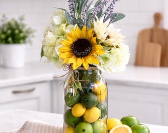 Sunflower Lemon Mason Jar Centerpiece, Farmhouse Kitchen Table Decor, Artificial Floral Arrangement