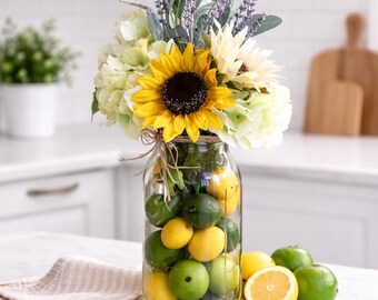 Lemon Sunflower Centerpiece, Mason Jar Floral Arrangement, Kitchen Table Decor, Summer Home Decor
