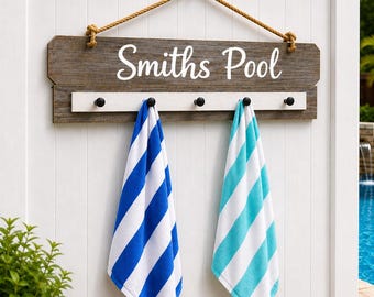 Rustic Hand Painted Wood Towel Rack, Farmhouse Pool Decor, Backyard Hooks