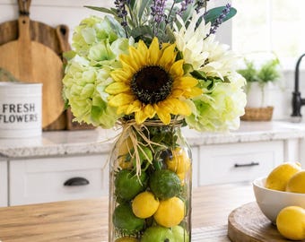 Sunflower Lemon Centerpiece, Mason Jar Kitchen Table Decor, Summer Farmhouse Arrangement