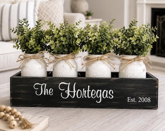 Personalized Farmhouse Centerpiece Box, Mason Jar Table Decor, Custom Wood Box