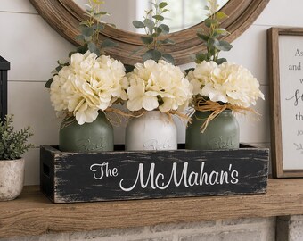 Personalized Hydrangea Mason Jar Centerpiece Box, Farmhouse Table Decor, Custom Last Name Gift