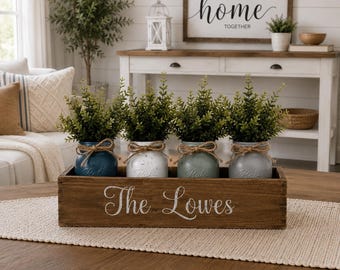 Personalized Farmhouse Centerpiece Box with Mason Jars and Greenery