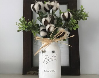 Farmhouse Jar Cotton Arrangement, Rustic Boxwood Cotton Bouquet Centerpiece, Farmhouse Table Floral Cotton Arrangement, Cotton Stem Decor