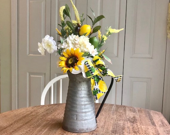Lemon Decor, Flower Arrangement, Rustic Centerpiece for Kitchen Table, Lemon Kitchen Decor, Flower Vase for Dining Room, Farmhouse Kitchen