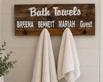 Personalized Bath Towel Rack with Hooks, Custom Wooden Bathroom Towel Holder