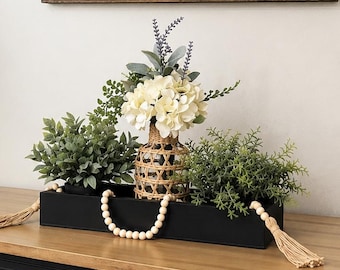 Modern Farmhouse Living Room Centerpiece Tray with Greenery and Wood Beads