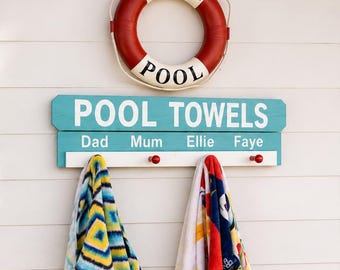 Personalized Pool Towel Rack, Beach Towel Holder, Custom Pool Sign, Lake House Decor, Outdoor Towel Hooks