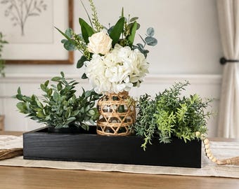 Modern Farmhouse Black Tray Centerpiece with White Hydrangeas and Greenery