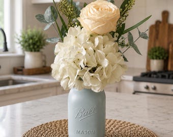 Hydrangea and Off White Rose Mason Jar Arrangement