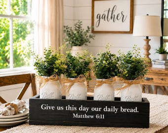 Farmhouse Mason Jar Centerpiece Box, Rustic Kitchen Table Decor, Dining Room Centerpiece