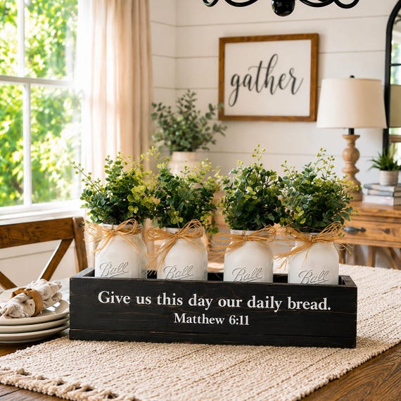 Farmhouse Mason Jar Centerpiece Box, Rustic Kitchen Table Decor, Dining Room Centerpiece