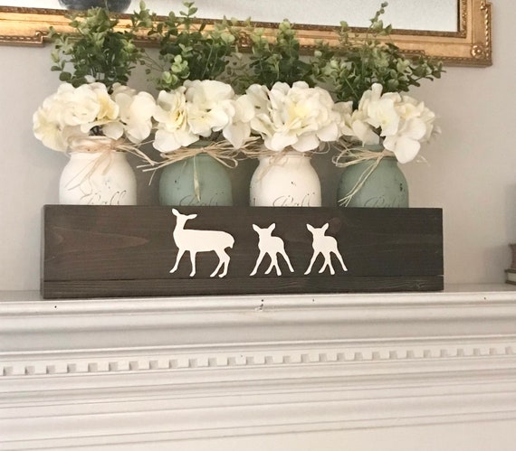 Deer Sign Wood Box, Living Room Deer Decor, Personalized Family Name with Deer, Farmhouse Home Decor, Mason Jar Centerpiece with Deer Family