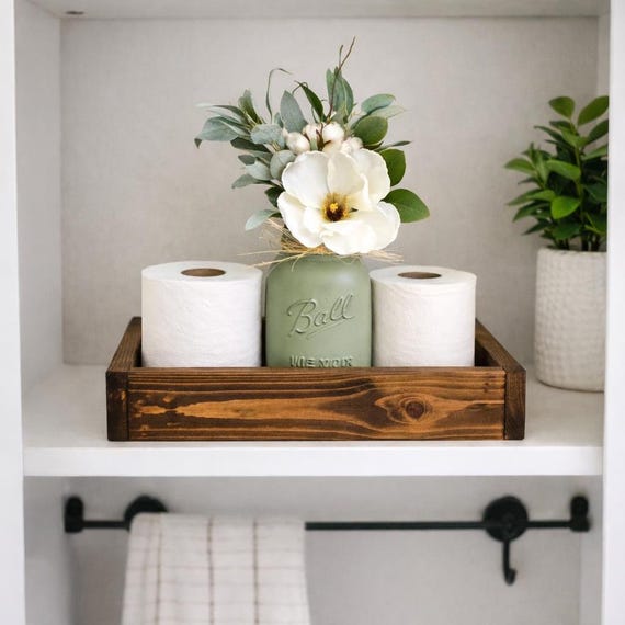 Farmhouse Bathroom Decor: Wooden Toilet Paper Holder Tray with Mason Jar