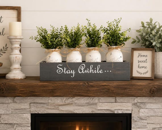 Personalized Eucalyptus Centerpiece Box, Painted Mason Jars, Farmhouse Table Decor