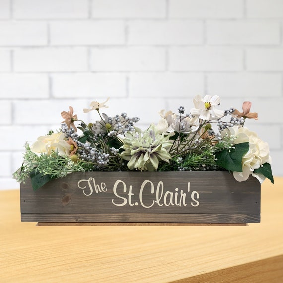 Modern Farmhouse Decor Floral Arrangement in Personalized Wood Tray Box with Last Name, Custom Anniversary Gift, Birthday Gift or New Home