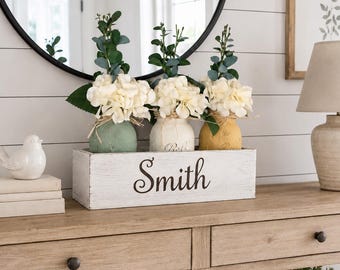 Personalized Farmhouse Centerpiece Box with Mason Jars and Flowers