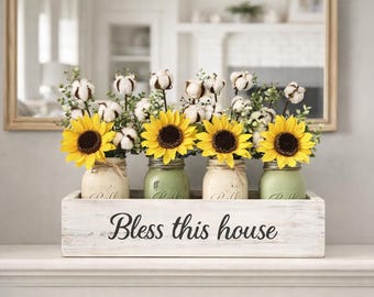 Personalized Sunflower Mason Jar Centerpiece, Farmhouse Wood Box, Kitchen Table Decor, Rustic Gift