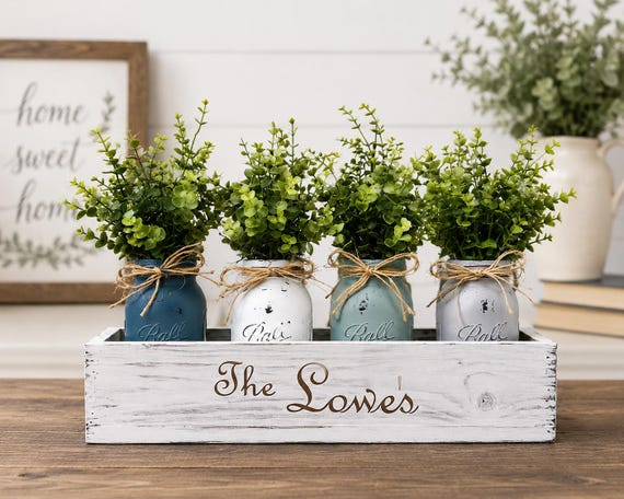 Personalized Farmhouse Centerpiece with Mason Jars, Rustic Wooden Box Decor