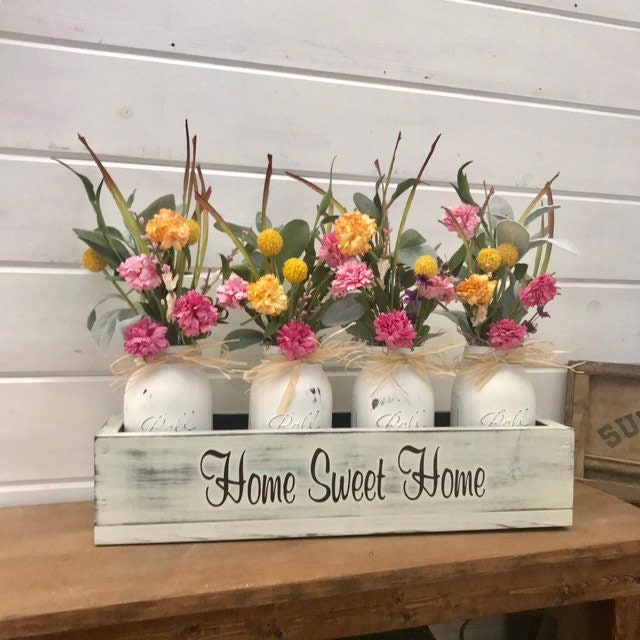 Farmhouse Floral Arrangement Wood Planter Box With Flowers And