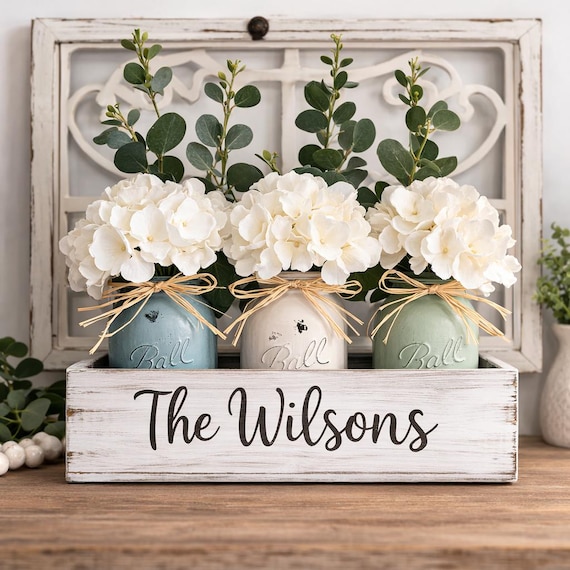 Personalized Farmhouse Centerpiece, Mason Jar Centerpiece, Rustic Table Decor