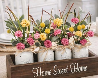 Farmhouse Mason Jar Centerpiece, Rustic Flower Box, Dining Table Decor, Kitchen Island Decor