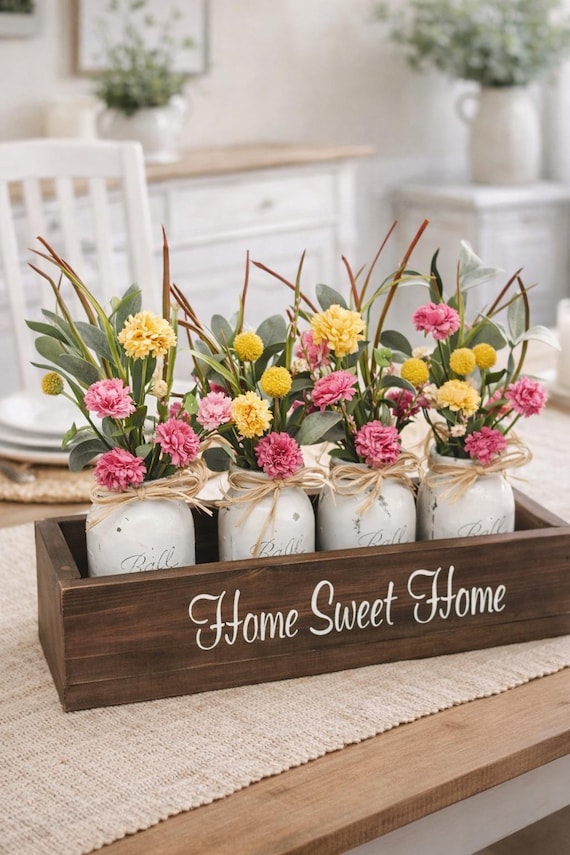 Farmhouse Mason Jar Centerpiece, Rustic Flower Box, Dining Table Decor, Kitchen Island Decor