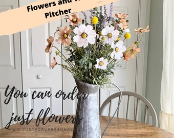 Home Decor Modern Boho Kitchen Floral Arrangement in Tin Vase Pitcher or Purchase Just Flower Bouquet