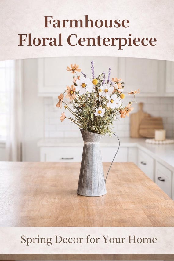 Spring Floral Arrangement in Metal Pitcher, Farmhouse Centerpiece, Rustic Kitchen Decor, Mother’s Day Gift