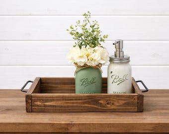 Handmade Rustic Wood Tray with Mason Jar Decor | Farmhouse Organizer
