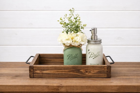 Handmade Rustic Wood Tray with Mason Jar Decor | Farmhouse Organizer