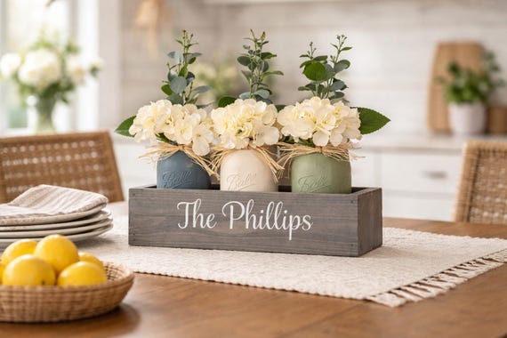 Personalized Farmhouse Floral Box, Rustic Wood Centerpiece, Mason Jar Flowers, Table Decor, Housewarming Gift