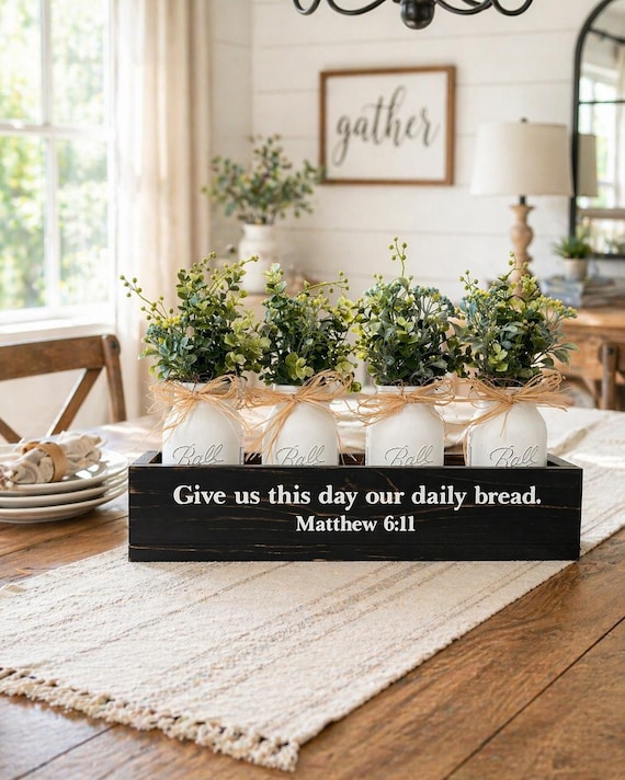 Bible Verse Mason Jar Centerpiece Box, Christian Table Decor, Farmhouse Centerpiece