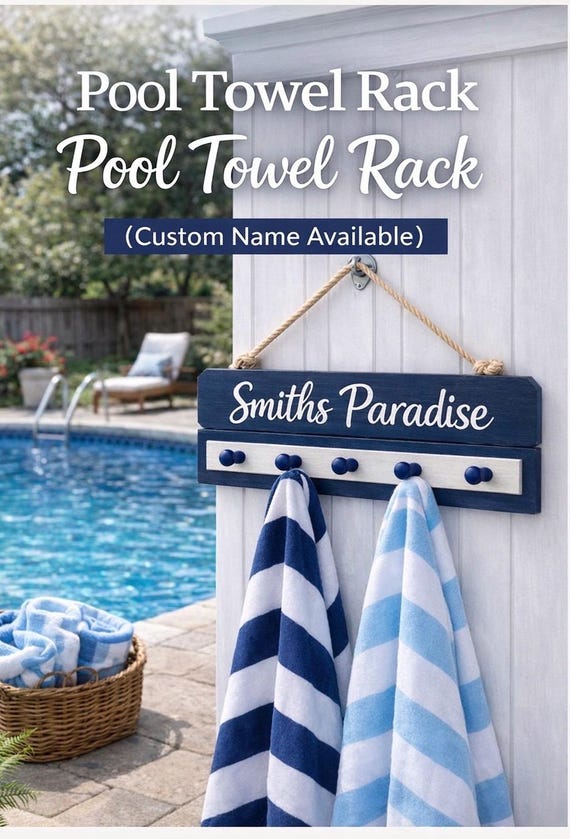 Personalized Pool Towel Rack, Custom Pool Sign, Beach House Decor, Rustic Wood Holder