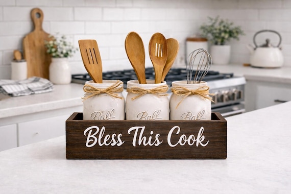 Farmhouse Mason Jar Utensil Holder, Rustic Kitchen Organizer, Wooden Utensil Caddy