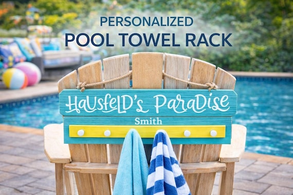 Personalized Wooden Pool Towel Rack, Coastal Beach House Decor, Six Hooks
