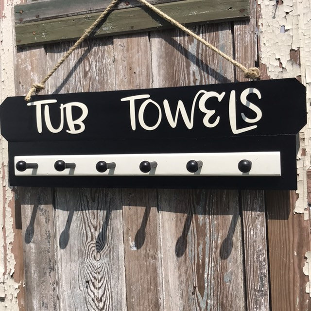Bathroom sign with Towel Rack, Towel Hooks, Personalized Bath Sign