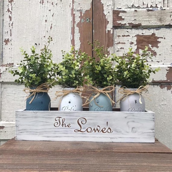 Boxwood Mason Jar Centerpiece, Rustic Centerpiece Mason Jar Farmhouse Decor Planter Box, Mother’s Day Flower Box Custom