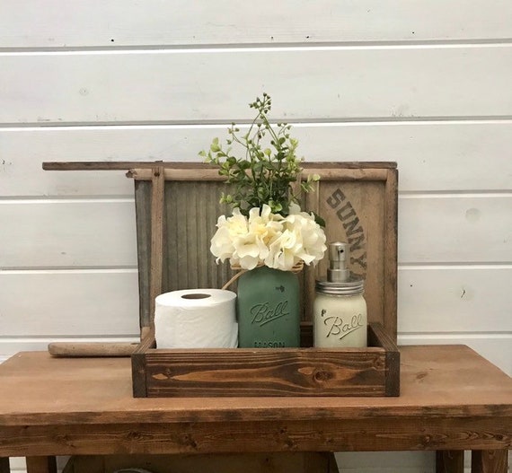 Bathroom Decor Storage and Organizer with Floral Arrangement and Soap Dispenser in Wood Tray