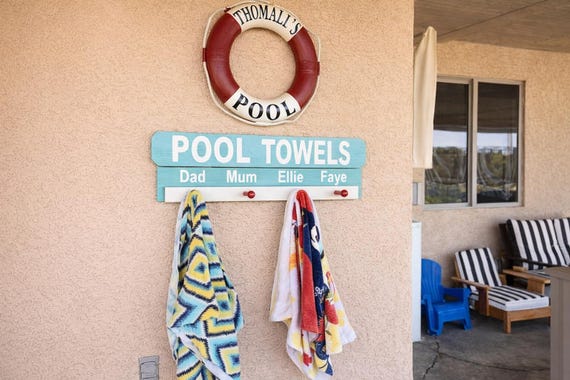 Personalized Beach Towel Rack with Sign: Rustic Pool Decor