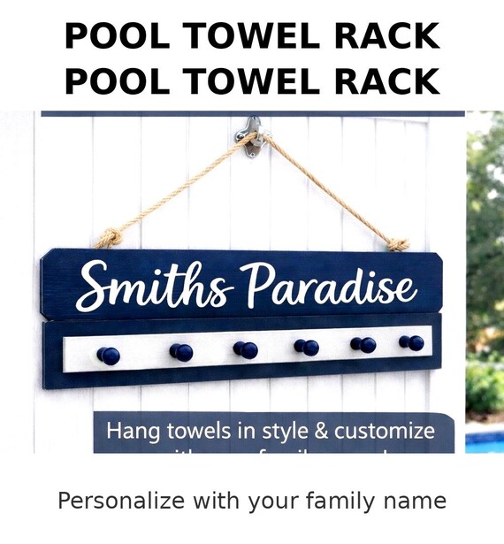 Personalized Pool Towel Rack with Hooks, Custom Outdoor Towel Holder, Poolside Decor, Beach House Decor, Backyard Pool Storage
