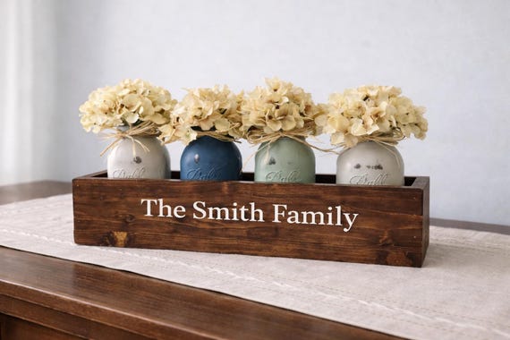 Farmhouse Homeware Centerpiece with Mason Jars, Rustic Wooden Box Decor, “Stay Awhile” Table Display