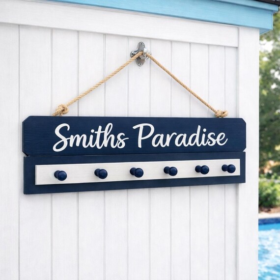 Personalized Pool Towel Rack: Rustic Hand-Painted Outdoor Sign