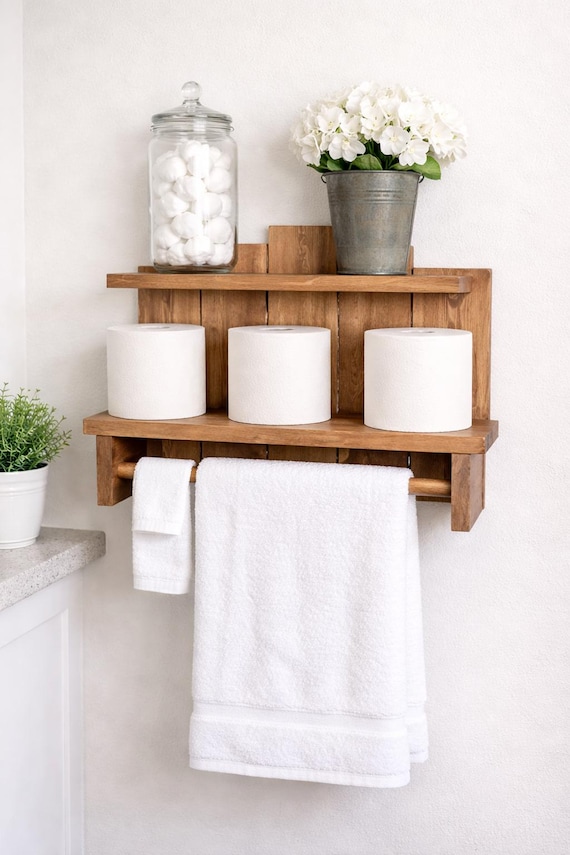 Bathroom Shelf With Towel Bar, Toilet Paper Storage, Farmhouse Bathroom Decor